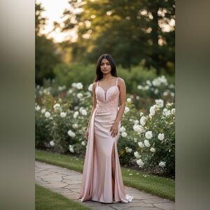 Rose Gold Satin Lace-Up Back Gown Corset Bodice Ruched Train Formal Dress size 6